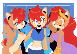 Size: 6330x4481 | Tagged: safe, artist:isabellaexpertartist, sally acorn, chipmunk, 2026, female, grin, looking at viewer, open smile, pose, queen sally acorn, sally's ringblader outfit, sally's vest and boots, self paradox, smile, smiling at viewer, sparkles, standing, tiara, trio, waving, wink