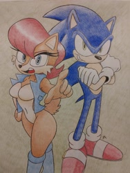 Size: 4032x3024 | Tagged: safe, artist:endo1404, sally acorn, sonic the hedgehog, chipmunk, hedgehog, 2025, duo, grin, looking at viewer, male, pointing, redraw, sally x sonic, sally's vest and boots, shipping, simple background, standing, straight, traditional media