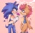 Size: 1976x1885 | Tagged: safe, artist:vanyloveart, sally acorn, sonic the hedgehog, chipmunk, hedgehog, 2022, abstract background, blushing, duo, female, flower, giving object, heart, holding something, looking at each other, male, sally x sonic, sally's vest and boots, shipping, standing, straight
