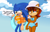 Size: 3901x2471 | Tagged: safe, artist:sallyrose975, sally acorn, sonic the hedgehog, chipmunk, hedgehog, 2025, arm bands, bikini, clouds, daytime, dialogue, duo, english text, female, food, hat, holding something, ice cream, life jacket, male, sally x sonic, shipping, speech bubble, straight, swimming tube, swimsuit, walking