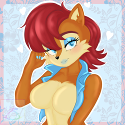 Size: 2048x2048 | Tagged: safe, artist:shqnnyhere, sally acorn, chipmunk, 2026, abstract background, female, flower, heart, heart eyes, looking at viewer, outline, painted fingernails, sally's vest and boots, smile, smiling at viewer, solo, white outline