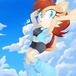 Size: 4000x4000 | Tagged: safe, artist:mus1konya, sally acorn, chipmunk, 2026, clouds, daytime, female, flower, jumping, looking at viewer, mouth open, sally's ringblader outfit, sky background, solo, wind