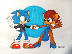 Size: 1599x1201 | Tagged: safe, artist:sebas289377, sally acorn, sonic the hedgehog, chipmunk, hedgehog, 2025, alternate outfit, clothes, dancing, dress, duo, grin, happy, holding hands, looking at viewer, male, open smile, sally x sonic, shipping, simple background, smile, smiling at each other, straight, suit, traditional media, wink