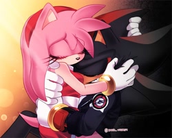 Size: 2000x1600 | Tagged: safe, artist:inked_whimsy, amy rose, shadow the hedgehog, hedgehog, 2026, amy x shadow, blushing, clothes, comforting, dark, duo, eye clipping through hair, eyes closed, female, g.u.n logo, hugging, jacket, light, male, sad, shipping, sparkles, straight