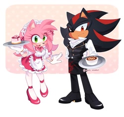 Size: 2000x1888 | Tagged: safe, artist:inked_whimsy, amy rose, shadow the hedgehog, hedgehog, 2026, abstract background, amy x shadow, arm behind back, clothes, coffee, dress, drink, duo, eye clipping through hair, female, food, fully clothed, holding something, looking at viewer, male, mouth open, open smile, outline, pants, plate, polka-dots background, pudding, shipping, shirt, smile, smiling at viewer, straight, waiter, waitress, white outline