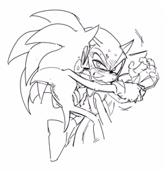 Size: 3946x4096 | Tagged: safe, artist:guitar_00000001, shadow the hedgehog, sonic the hedgehog, 2026, blushing, cross popping vein, duo, gay, greyscale, hand on another's wrist, lidded eyes, looking at each other, looking at them, monochrome, shadow x sonic, shipping, simple background, sketch, sweat, white background