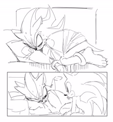 Size: 3782x4096 | Tagged: safe, artist:guitar_00000001, shadow the hedgehog, sonic the hedgehog, ..., 2026, blanket, blushing, comic, duo, eyes closed, frown, gay, greyscale, looking at each other, looking at them, lying down, monochrome, pillow, shadow x sonic, shipping, simple background, sketch, sweat, white background