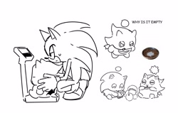 Size: 3426x2180 | Tagged: safe, artist:guitar_00000001, sonic the hedgehog, chao, 2026, character chao, crouching, eating, english text, eyes closed, food, greyscale, holding something, lidded eyes, monochrome, shadow chao, simple background, sketch, sonic chao, trio, weight gain, weight scales, white background