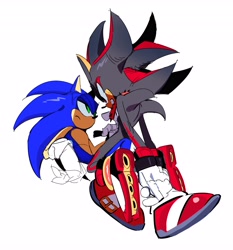 Size: 3823x4096 | Tagged: safe, artist:guitar_00000001, shadow the hedgehog, sonic the hedgehog, 2026, collar, duo, frown, gay, hands behind back, kneeling, lidded eyes, looking at each other, looking at them, shadow (lighting), shadow x sonic, shipping, simple background, sitting, white background