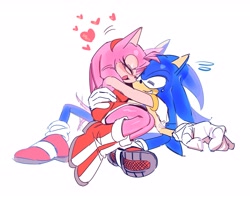 Size: 4096x3249 | Tagged: safe, artist:guitar_00000001, amy rose, sonic the hedgehog, 2026, amy x sonic, amybetes, blushing, cute, duo, eyes closed, grin, happy, heart, hugging, mouth open, shipping, simple background, sitting, sitting on them, smile, straight, wagging tail, white background