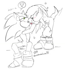 Size: 1000x1107 | Tagged: safe, artist:aoshibazakura95, knuckles the echidna, sonic the hedgehog, 2025, behaving like a dog, blushing, duo, gay, greyscale, hand on another's head, knuxonic, lidded eyes, looking at them, monochrome, shipping, simple background, sitting, sketch, smile, spot color, standing, thought bubble, tongue out, wagging tail, white background