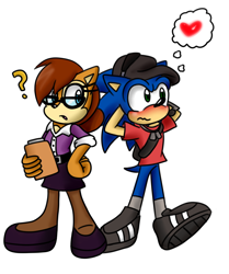 Size: 1024x1222 | Tagged: safe, artist:nicoledoodle64, sally acorn, sonic the hedgehog, chipmunk, hedgehog, 2016, blushing, cap, clothes, cosplay, duo, female, fully clothed, glasses, hand on hip, hands behind head, hat, heart, holding something, looking at them, male, miss pauling (team fortress 2), question mark, sally x sonic, scout (team fortress 2), shipping, simple background, straight, team fortress 2, thinking, treads, white background