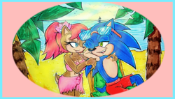 Size: 1895x1080 | Tagged: safe, artist:mel-sky, sally acorn, sonic the hedgehog, chipmunk, hedgehog, 2020, beach, bikini, clothes, daytime, deckchair, duo, female, flower, flower in ear, happy, literal animal, looking at each other, male, palm tree, ponytail, sally x sonic, sarong, seagull, ship, shipping, sitting, smile, smiling at each other, straight, sunlight, swimming trunks, swimsuit, traditional media, vacation, vehicle