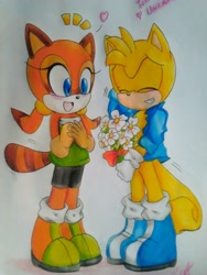 Size: 960x1280 | Tagged: safe, artist:hanoi-chan25201, marine the raccoon, ray the flying squirrel, flying squirrel, raccoon, squirrel, 2014, bouquet, duo, eyes closed, female, flower, giving object, heart, holding something, male, marine x ray, mouth open, open smile, shipping, simple background, smile, standing, straight, traditional media, white background