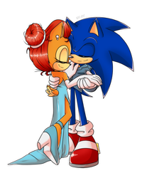Size: 868x1046 | Tagged: safe, artist:risziarts, sally acorn, sonic the hedgehog, chipmunk, hedgehog, 2020, alternate outfit, clothes, dancing, dress, duo, ear piercing, eyes closed, female, hand on another's back, hand on another's shoulder, male, piercing, sally x sonic, shipping, smile, straight, suit, transparent background