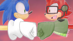 Size: 1920x1080 | Tagged: safe, artist:nicoledoodle64, gadget the wolf, sonic the hedgehog, hedgehog, wolf, 2017, close-up, duo, fist, fistbump, glasses, gradient background, headset, looking at each other, male, mouth open, open smile, red background, smile, smiling at each other