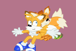 Size: 1200x800 | Tagged: safe, mangey, miles "tails" prower, fox, sonic prime, :3, anonymous artist, arms out, blue shoes, brown tipped ears, duo, duo male, edit, eyes closed, hugging, hugging from behind, kneeling, looking at them, looking back, looking back at them, male, self paradox, simple background, sitting, smile