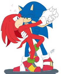 Size: 1000x1200 | Tagged: safe, artist:aoshibazakura95, knuckles the echidna, sonic the hedgehog, 2025, blushing, dancing, duo, gay, heart, holding hands, knuxonic, looking at each other, looking at them, shipping, simple background, smile, standing, white background