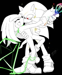 Size: 1000x1200 | Tagged: safe, artist:aoshibazakura95, knuckles the echidna, sonic the hedgehog, 2025, black background, chain, dancing, duo, eyes closed, gay, holding something, knuxonic, lidded eyes, looking at them, master emerald, monochrome, mouth open, scissors, shipping, simple background, smile, standing