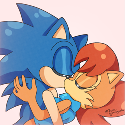Size: 1093x1091 | Tagged: safe, artist:juno_yamaguchi, sally acorn, sonic the hedgehog, chipmunk, hedgehog, 2022, duo, eyes closed, female, kiss, male, sally x sonic, sally's vest and boots, shipping, simple background, straight