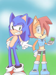 Size: 1024x1366 | Tagged: safe, artist:thesilver189, nicole the handheld, sally acorn, sonic the hedgehog, chipmunk, hedgehog, 2015, daytime, duo, female, grass, grass field, holding something, looking at viewer, male, pointing, sally x sonic, sally's ringblader outfit, shipping, standing, straight