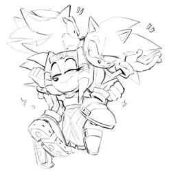 Size: 1480x1504 | Tagged: safe, artist:galaxylover06, shadow the hedgehog, sonic the hedgehog, tikal, 2026, carrying them, frown, greyscale, grin, lidded eyes, looking at them, monochrome, polyamory, shadow x sonic x tikal, shadow x tikal, shipping, simple background, sketch, smile, sonic x tikal, straight, trio, white background