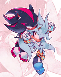 Size: 1605x2029 | Tagged: safe, artist:vixenmatch, shadow the hedgehog, silver the hedgehog, duo, echo background, gay, holding hands, lidded eyes, looking at each other, looking at them, shadow x silver, shipping, smile