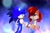 Size: 3131x2063 | Tagged: safe, artist:alexmontyart, sally acorn, sonic the hedgehog, chipmunk, hedgehog, 2025, duo, female, holding hands, k-pop demon hunters, looking at each other, male, redraw, sally x sonic, sally's vest and boots, shipping, smile, smiling at each other, straight, watermark
