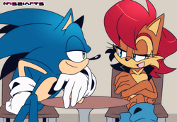 Size: 1303x897 | Tagged: safe, artist:risziarts, sally acorn, sonic the hedgehog, chipmunk, hedgehog, 2026, arms folded, chair, duo, female, lidded eyes, looking at each other, male, mouth open, open smile, sally x sonic, sally's vest and boots, shipping, simple background, sitting, smile, smiling at each other, straight, table, talking
