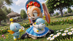 Size: 3578x1997 | Tagged: safe, ai art, cream the rabbit, chao, rabbit, 3d, ai, ai generated, alternate outfit, blue dress, bonnet, city, cityscape, clouds, costume, daytime, dress, eyes closed, field, flower, flower crown, flower garden, flowers, garden, gazebo, grass, grass field, holding something, hugging, hugging from behind, kneeling, lidded eyes, looking at each other, mary-janes, mouth open, open smile, outdoors, park, realistic, smiling at each other, tree, trio