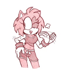 Size: 1208x1380 | Tagged: safe, artist:andrerrr127, artist:fishibi, amy rose, hedgehog, female, hand on hip, looking offscreen, mouth open, one eye closed, open smile, shorts, simple background, smile, solo, solo female, sweat, white background, workout outfit