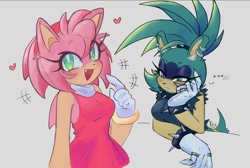 Size: 1200x808 | Tagged: safe, artist:moonn1x_, amy rose, surge the tenrec, hedgehog, tenrec, ..., duo, duo female, eye clipping through hair, female, grey background, lesbian, mouth open, open smile, shipping, simple background, smile, surgamy