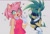 Size: 1200x808 | Tagged: safe, artist:moonn1x_, amy rose, surge the tenrec, hedgehog, tenrec, ..., duo, duo female, eye clipping through hair, female, grey background, lesbian, mouth open, open smile, shipping, simple background, smile, surgamy