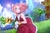 Size: 3319x2169 | Tagged: safe, artist:daereamart, amy rose, human, clouds, daytime, grass, holding something, humanized, lens flare, looking offscreen, mountain, outdoors, palm tree, smile, solo, sun, sunflower, water, waterfall