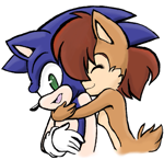 Size: 539x524 | Tagged: safe, artist:un-genesis, sally acorn, sonic the hedgehog, chipmunk, hedgehog, 2009, duo, eyes closed, female, hugging, hugging from behind, looking at them, looking back, male, mouth open, no pupils, open smile, sally x sonic, shipping, simple background, smile, straight, white background