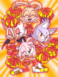 Size: 828x1104 | Tagged: safe, artist:whydishard, amy rose, blaze the cat, cream the rabbit, rouge the bat, cheerleader outfit