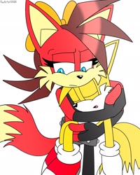 Size: 1638x2048 | Tagged: safe, artist:fartist2020, fiona fox, miles "tails" prower, fox, carrying them, duo, female, fiona x tails, hugging, looking offscreen, male, shipping, simple background, sleeping, straight, white background