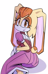 Size: 2416x3693 | Tagged: safe, artist:papersketchile, vanilla the rabbit, female, lidded eyes, looking at viewer, looking back, looking back at viewer, simple background, smile, smiling at viewer, solo, white background