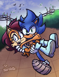 Size: 1582x2048 | Tagged: safe, artist:drnerdette, sally acorn, sonic the hedgehog, chipmunk, hedgehog, 2026, carrying them, daytime, duo, electric pole, falling leaves, looking at viewer, male, plant, redraw, road, running, sally x sonic, sally's vest and boots, shipping, straight