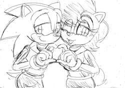 Size: 2338x1654 | Tagged: safe, artist:classicsonicsatam, sally acorn, sonic the hedgehog, chipmunk, hedgehog, 2023, duo, heart hands, looking at viewer, male, open mouth, sally x sonic, sally's ringblader outfit, shipping, sketch, smile, smiling at viewer, straight