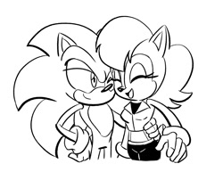 Size: 1165x901 | Tagged: safe, artist:chauvels, sally acorn, sonic the hedgehog, chipmunk, hedgehog, 2017, black and white, duo, eyes closed, hand on another's back, hand on hip, happy, looking at them, male, sally x sonic, sally's ringblader outfit, shipping, simple background, smile, smiling at each other, straight, white background