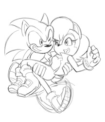 Size: 904x1045 | Tagged: safe, artist:chauvels, sally acorn, sonic the hedgehog, chipmunk, hedgehog, 2015, carrying them, duo, grin, looking at each other, male, running, sally x sonic, sally's vest and boots, shipping, sketch, smile, smiling at each other, straight, wink