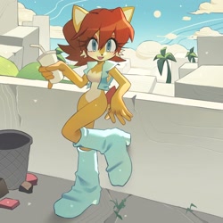 Size: 2048x2048 | Tagged: safe, artist:candleyy, sally acorn, chipmunk, 2026, building, daytime, drink, female, holding something, leaning, looking at viewer, open smile, sally's vest and boots, smile, soda, solo, trash can