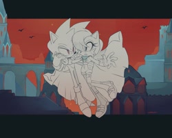 Size: 2048x1638 | Tagged: safe, artist:candleyy, sally acorn, sonic the hedgehog, bat, chipmunk, hedgehog, 2025, alternate outfit, building, cap, castle, clothes, duo, flying, hand on another's back, literal animal, male, monochrome, nighttime, red eyes, sally x sonic, shipping, straight, sweatdrop, vampire