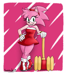 Size: 2500x2800 | Tagged: safe, artist:samuraijam34, amy rose, hedgehog, abstract background, female, hand on hip, leaning, piko piko hammer, solo