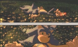 Size: 2048x1225 | Tagged: safe, artist:vinsoldier, sonic the hedgehog, 2025, arms out, comic, flower, frown, grass, lying down, male, outdoors, solo