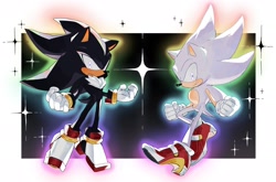 Size: 2048x1349 | Tagged: safe, artist:roastedgarlics2, shadow the hedgehog, sonic the hedgehog, 2026, clenched fists, duo, flying, frown, hyper form, hyper shadow, hyper sonic, male, mid-air, soap shoes, sparkles