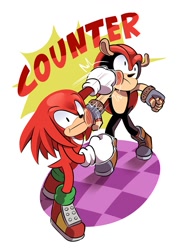 Size: 1039x1390 | Tagged: safe, artist:karutasg, knuckles the echidna, mighty the armadillo, armadillo, echidna, 2026, 35 days sonic, :|, clenched fists, duo, english text, faic, male, punching, shrunken pupils, standing, text, violence