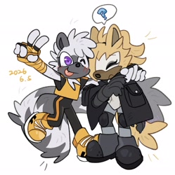 Size: 2042x2048 | Tagged: safe, artist:yuxiel566, tangle the lemur, whisper the wolf, lemur, wolf, 2026, arm around shoulders, blushing, cute, duo, eyes closed, female, frown, looking at viewer, question mark, simple background, smile, standing, tongue out, v sign, white background, wink