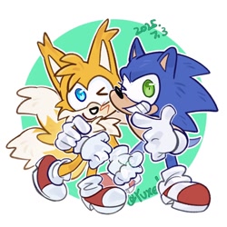 Size: 1024x1024 | Tagged: safe, artist:yuxiel566, miles "tails" prower, sonic the hedgehog, fox, hedgehog, 2025, arms folded, blushing, duo, male, outline, pointing, signature, smile, wink